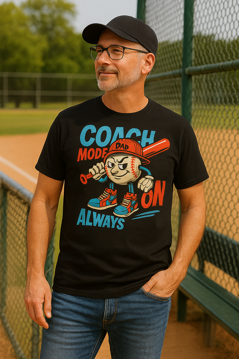 Coach Mode Always On – Cartoon Baseball Dad T-Shirt
