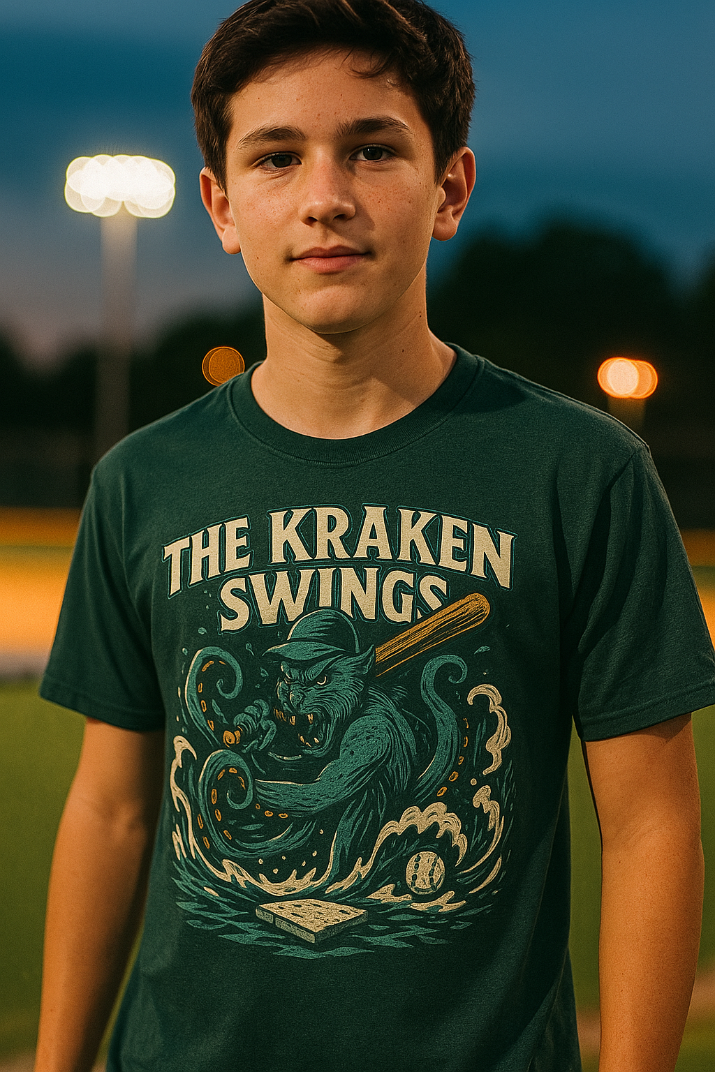 The Kraken Swings – Teen Baseball T-Shirt