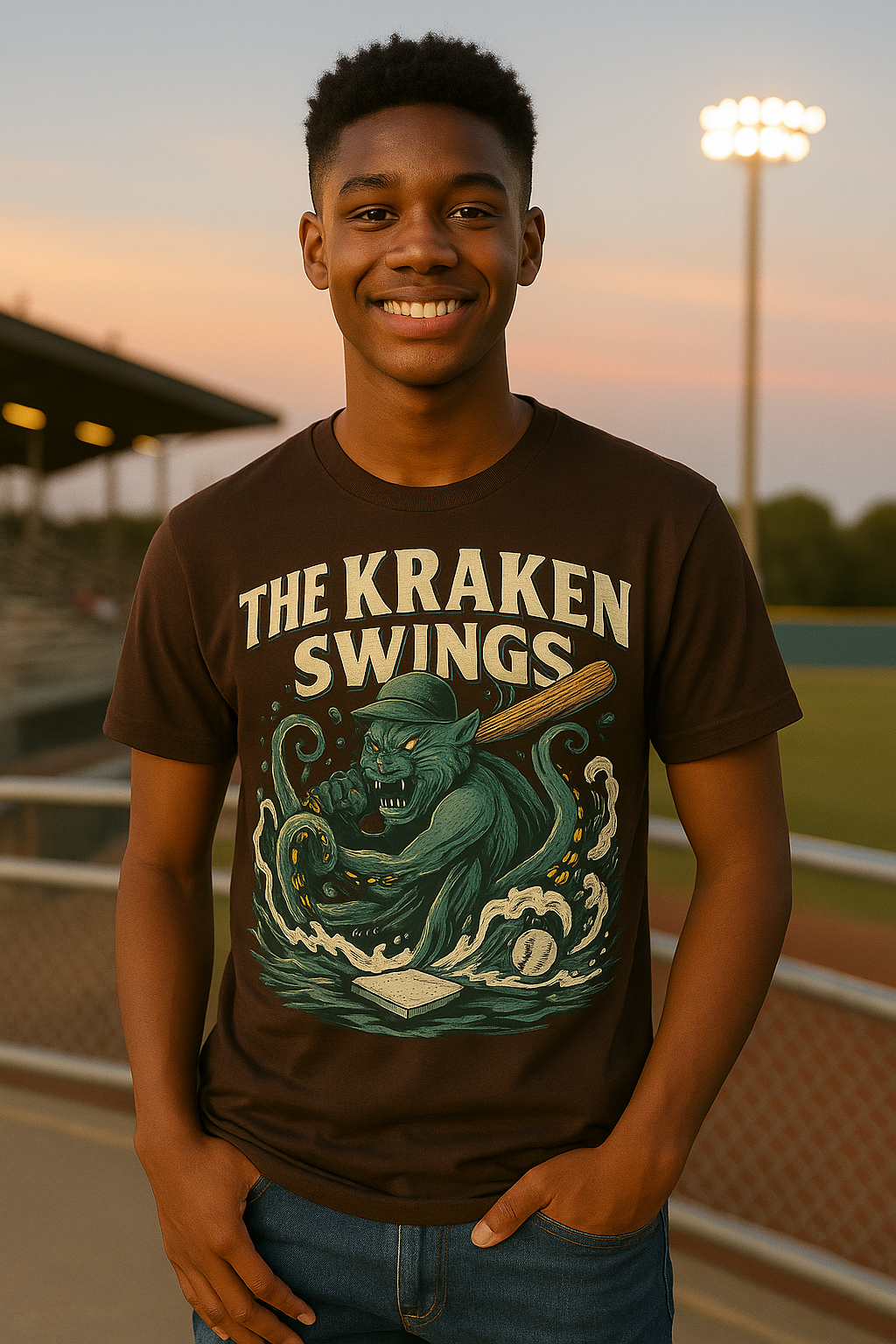 The Kraken Swings – Teen Baseball T-Shirt