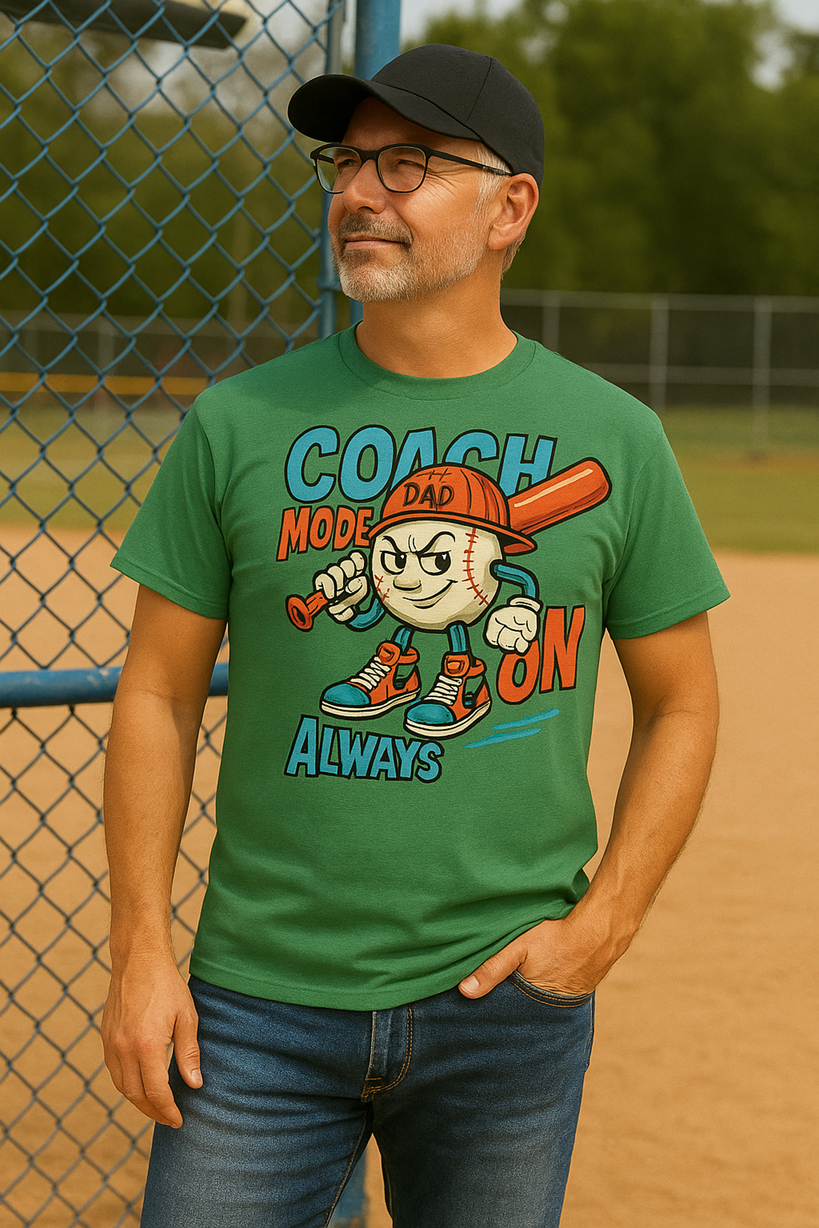 Coach Mode Always On – Cartoon Baseball Dad T-Shirt