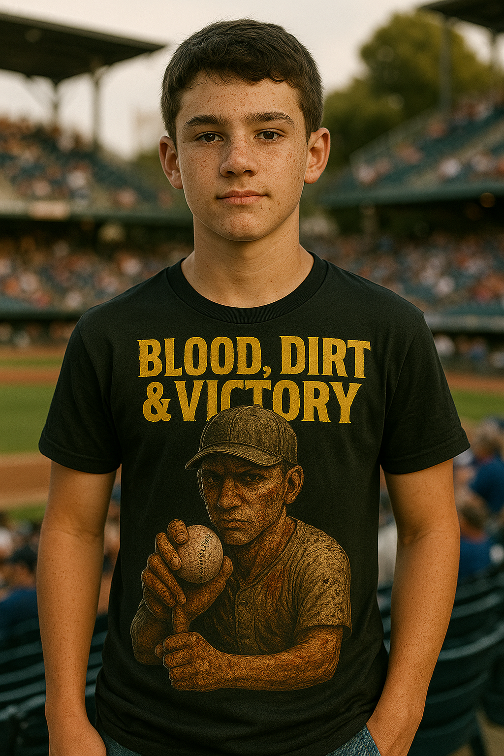 Blood, Dirt & Victory – Teen Baseball T-Shirt