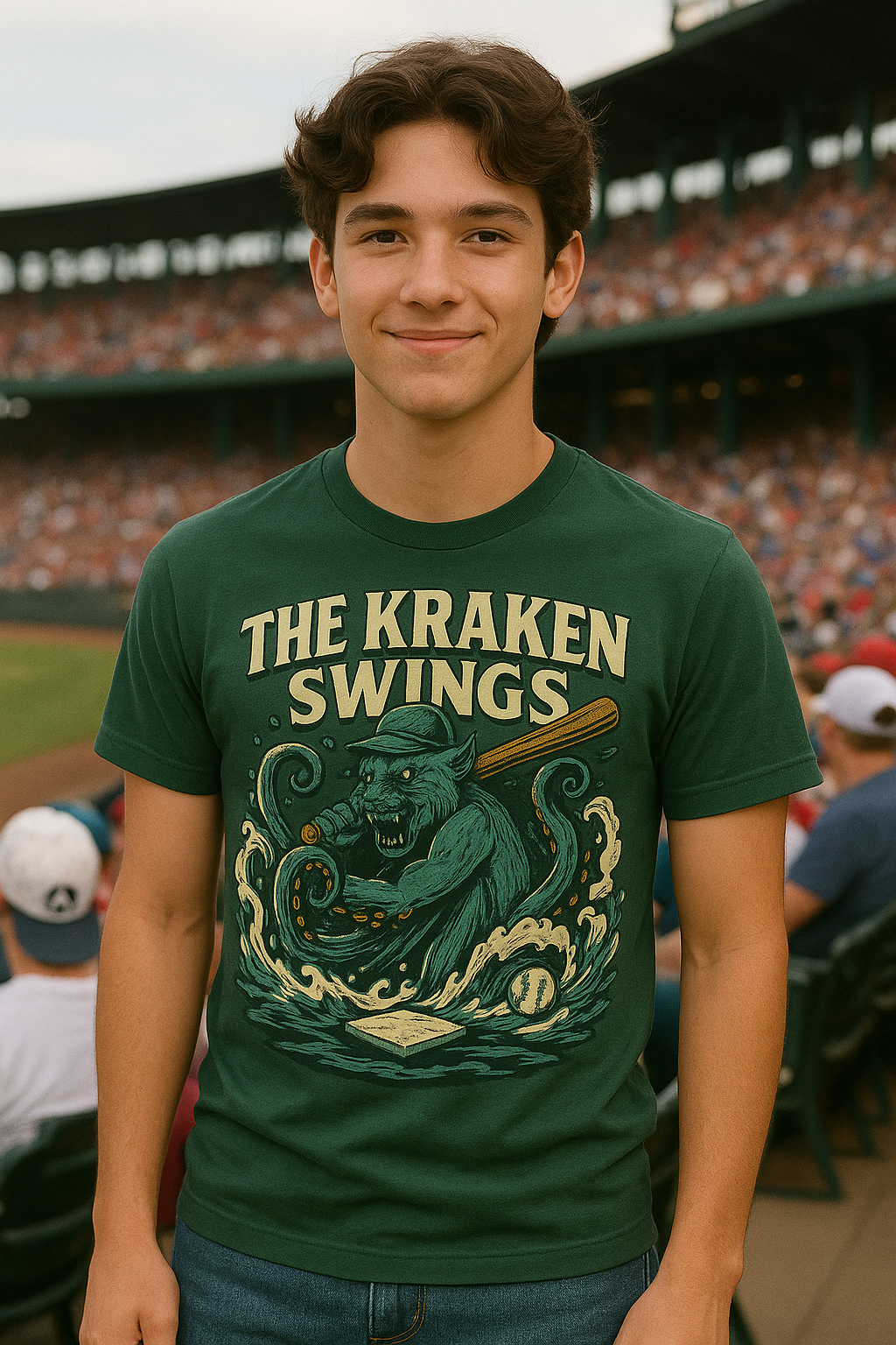 The Kraken Swings – Teen Baseball T-Shirt