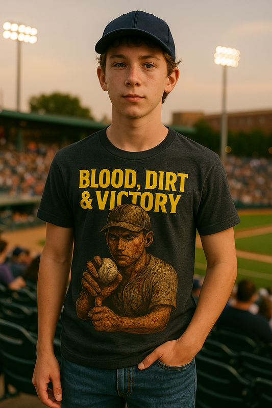 Blood, Dirt & Victory – Teen Baseball T-Shirt