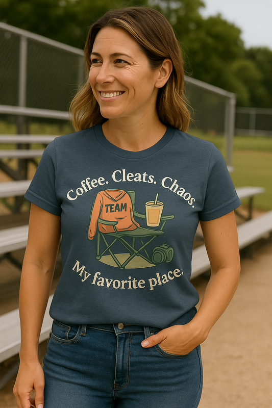 Coffee. Cleats. Chaos. – My Favorite Place Mom Tee