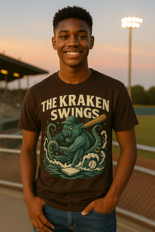 The Kraken Swings – Teen Baseball T-Shirt