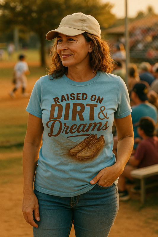 Raised on Dirt & Dreams T-Shirt – Youth Baseball Mom Tee